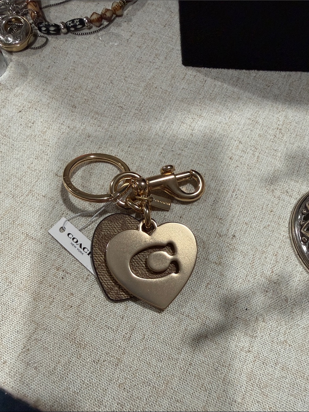 Coach 91478 Signature Hearts Key Ring Bag Charm Gold Khaki NWT